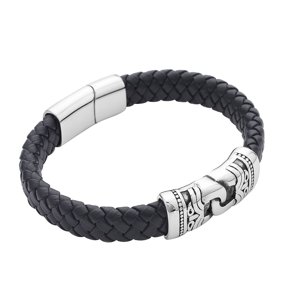 Faux Leather Ancient Pattern Bracelet in Black Oxidized Stainless Steel (8.00 In) image number 2