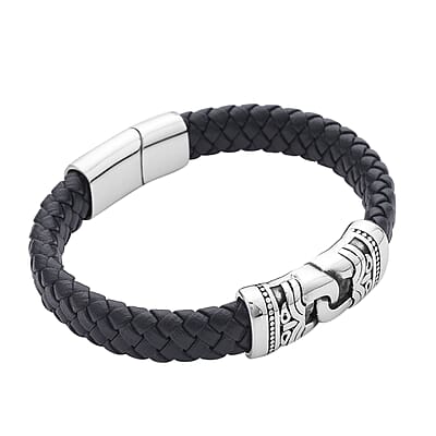Faux Leather Ancient Pattern Bracelet in Black Oxidized Stainless Steel (8.00 In) , Tarnish-Free, Waterproof, Sweat Proof Jewelry