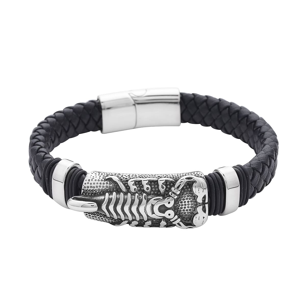 Faux Leather Scorpion Pattern Bracelet in Black Oxidized Stainless Steel (8.00 In) , Tarnish-Free, Waterproof, Sweat Proof Jewelry image number 0