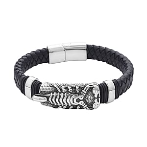 Faux Leather Scorpion Pattern Bracelet in Black Oxidized Stainless Steel (8.00 In) , Tarnish-Free, Waterproof, Sweat Proof Jewelry