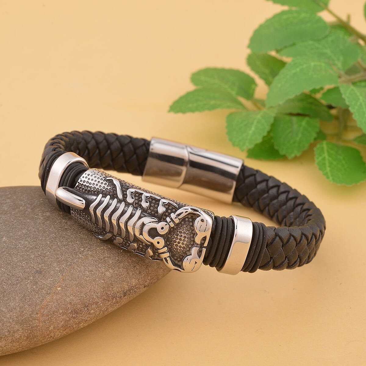 Faux Leather Scorpion Pattern Bracelet in Black Oxidized Stainless Steel (8.00 In) , Tarnish-Free, Waterproof, Sweat Proof Jewelry image number 1
