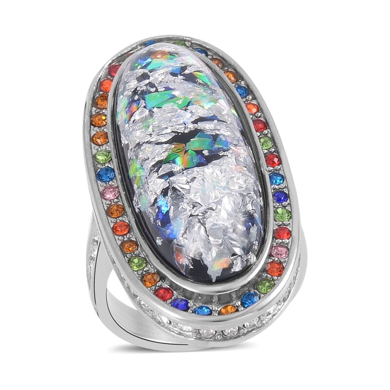 Lab Created Opal, Multi Color Austrian Crystal Ring in Stainless Steel (Size 10.0) 5.00 ctw | Tarnish-Free, Waterproof, Sweat Proof Jewelry