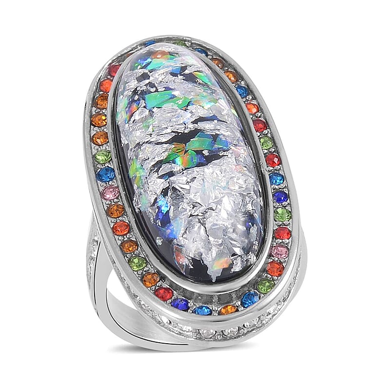 Lab Created Opal, Multi Color Austrian Crystal Ring in Stainless Steel (Size 10.0) 5.00 ctw | Tarnish-Free, Waterproof, Sweat Proof Jewelry