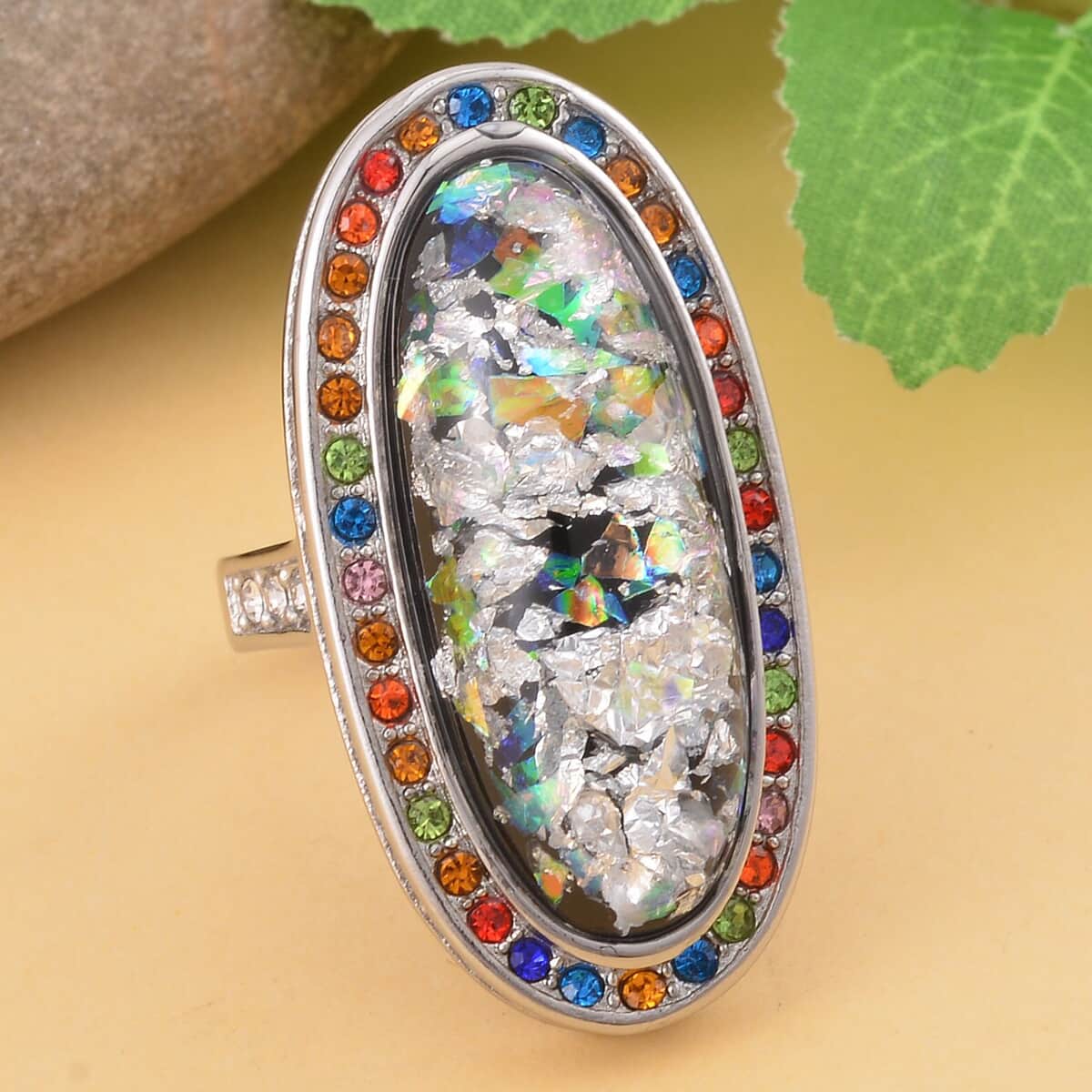 Lab Created Opal and Multi Color Austrian Crystal Ring in Stainless Steel 5.00 ctw image number 1