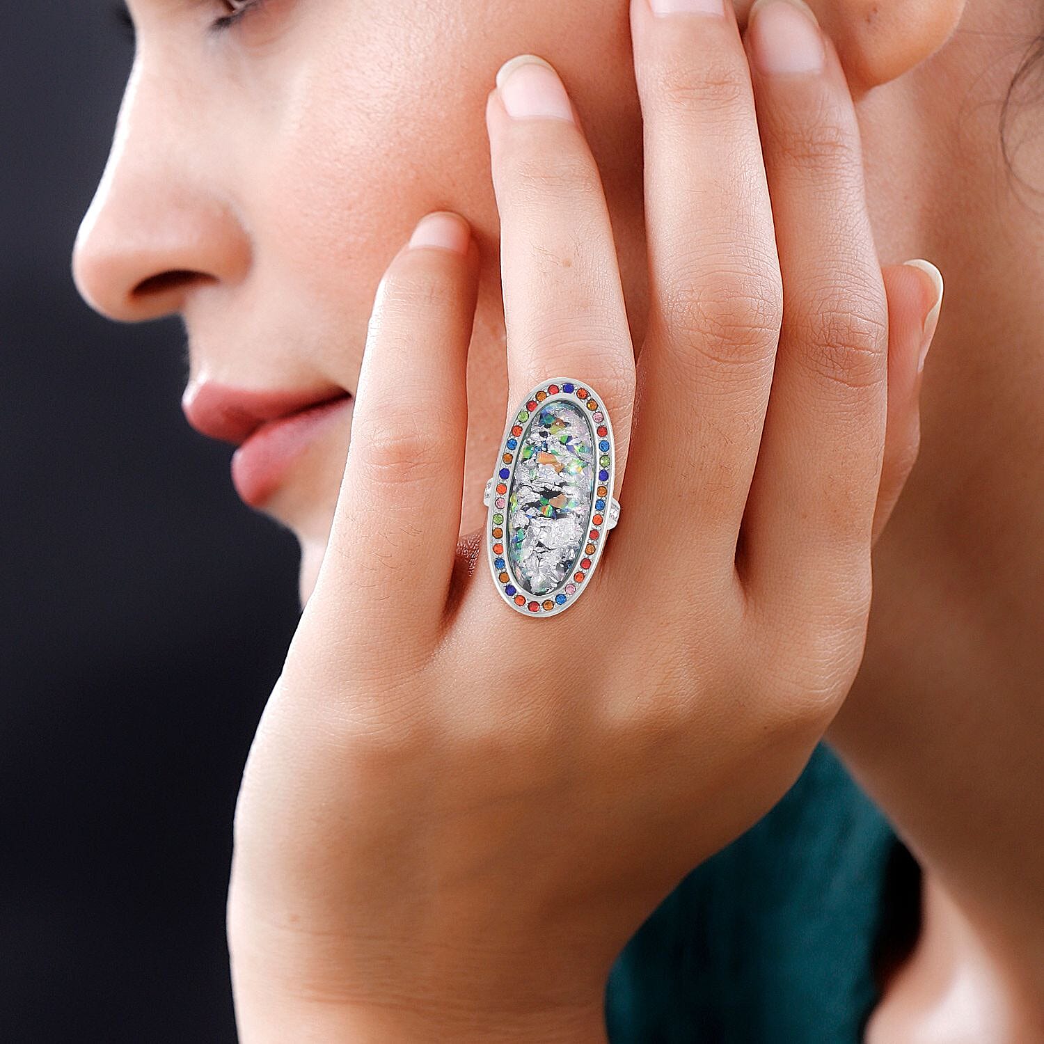 Lab Created Opal, Multi Color Austrian Crystal Ring in Stainless Steel (Size 10.0) 5.00 ctw | Tarnish-Free, Waterproof, Sweat Proof Jewelry