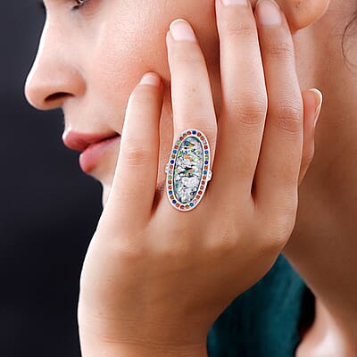 Lab Created Opal, Multi Color Austrian Crystal Ring in Stainless Steel (Size 10.0) 5.00 ctw | Tarnish-Free, Waterproof, Sweat Proof Jewelry