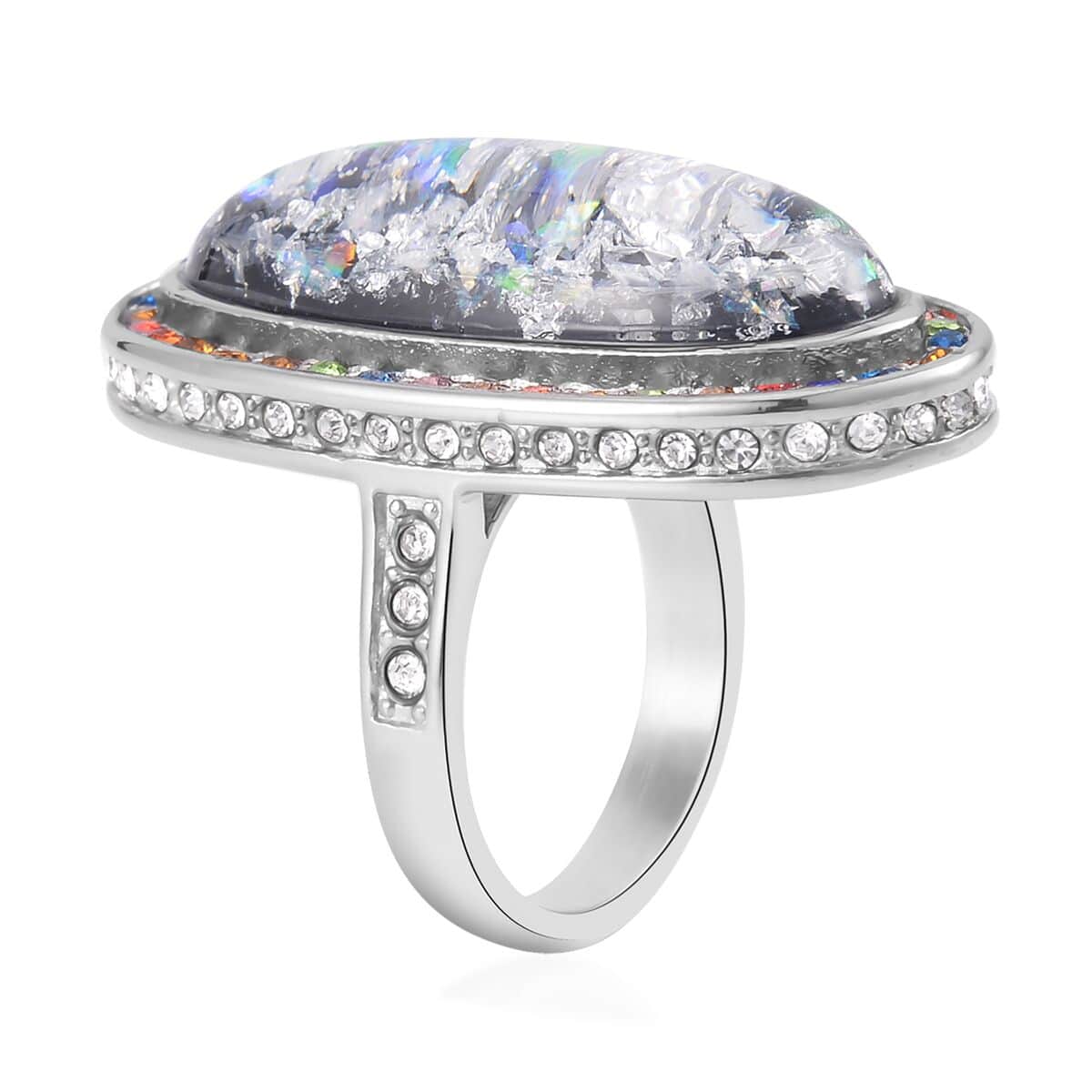 Lab Created Opal and Multi Color Austrian Crystal Ring in Stainless Steel 5.00 ctw image number 3