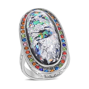 Lab Created Opal, Multi Color Austrian Crystal Ring in Stainless Steel (Size 7.0) 5.00 ctw | Tarnish-Free, Waterproof, Sweat Proof Jewelry