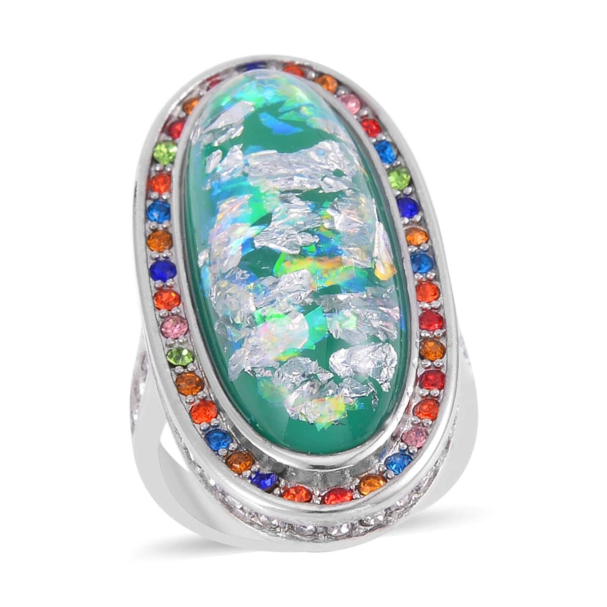 Lab Created Opal, Multi Color Austrian Crystal Ring in Stainless Steel (Size 6.0) 5.00 ctw | Tarnish-Free, Waterproof, Sweat Proof Jewelry image number 0