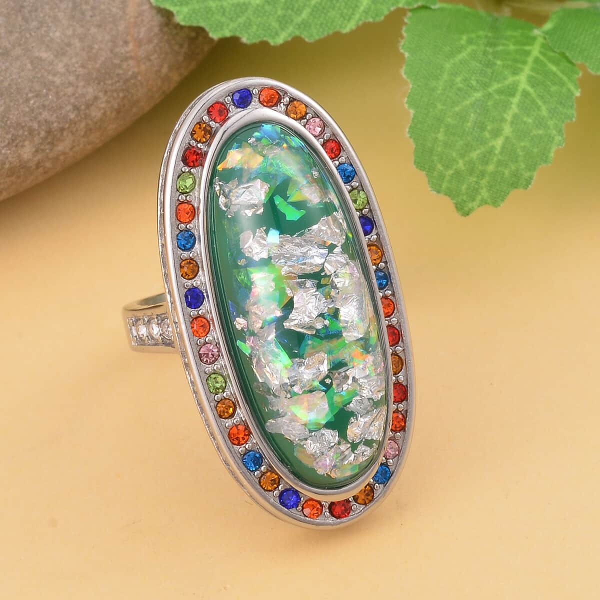 Lab Created Opal, Multi Color Austrian Crystal Ring in Stainless Steel (Size 6.0) 5.00 ctw | Tarnish-Free, Waterproof, Sweat Proof Jewelry image number 1