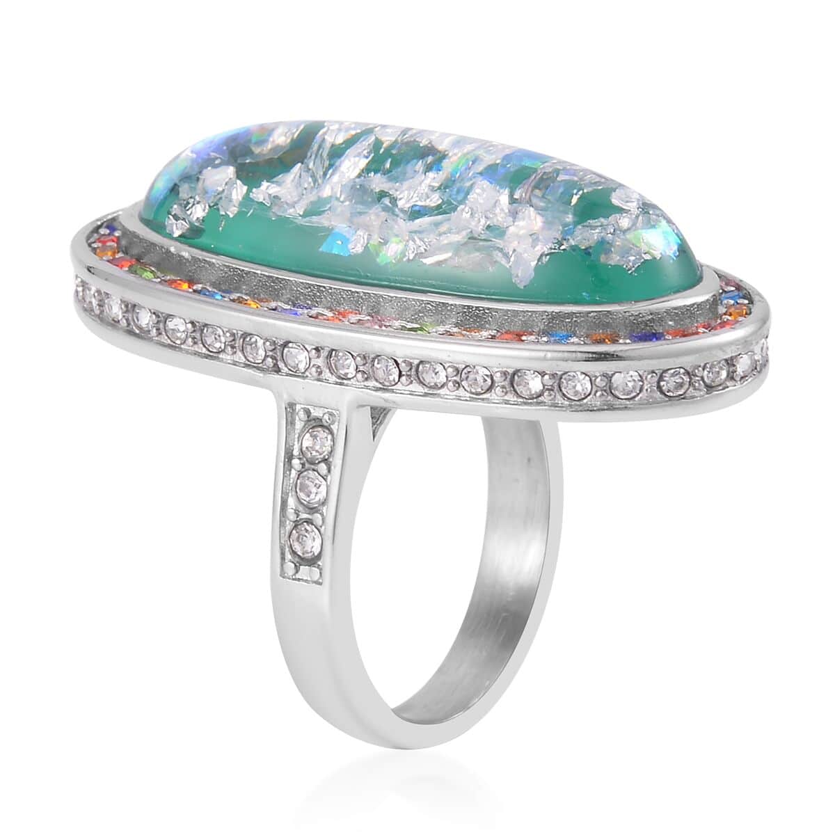 Lab Created Opal, Multi Color Austrian Crystal Ring in Stainless Steel (Size 6.0) 5.00 ctw | Tarnish-Free, Waterproof, Sweat Proof Jewelry image number 3