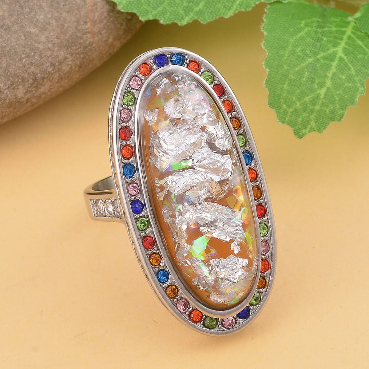 Lab Created Opal, Multi Color Austrian Crystal Ring in Stainless Steel (Size 9.0) 5.00 ctw | Tarnish-Free, Waterproof, Sweat Proof Jewelry image number 1