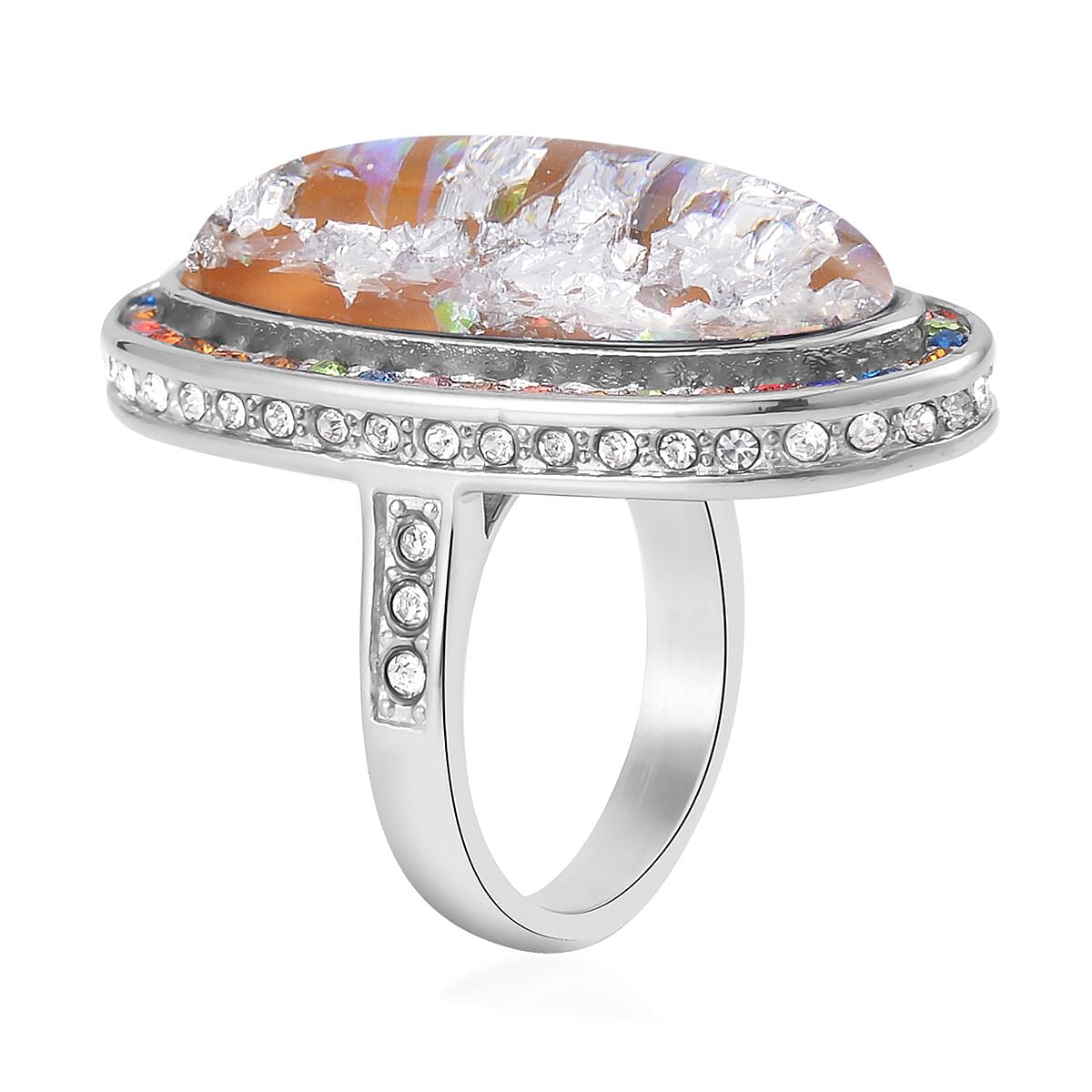 Lab Created Opal, Multi Color Austrian Crystal Ring in Stainless Steel (Size 9.0) 5.00 ctw | Tarnish-Free, Waterproof, Sweat Proof Jewelry image number 3