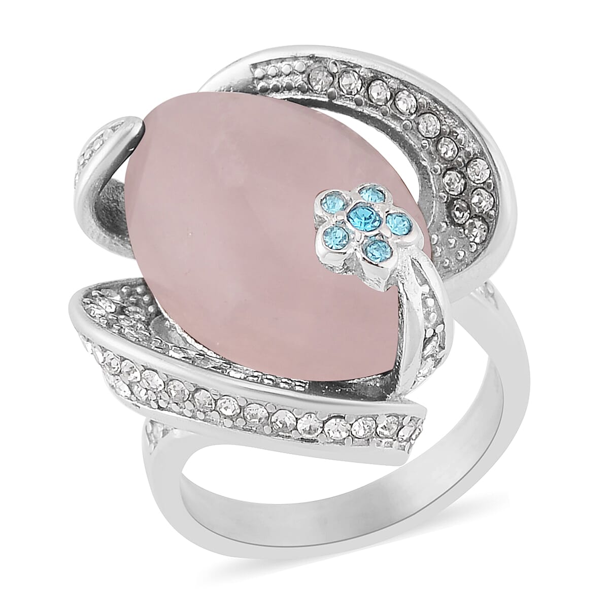 Galilea Rose Quartz, Blue and White Austrian Crystal Ring in Stainless Steel 15.00 ctw image number 0