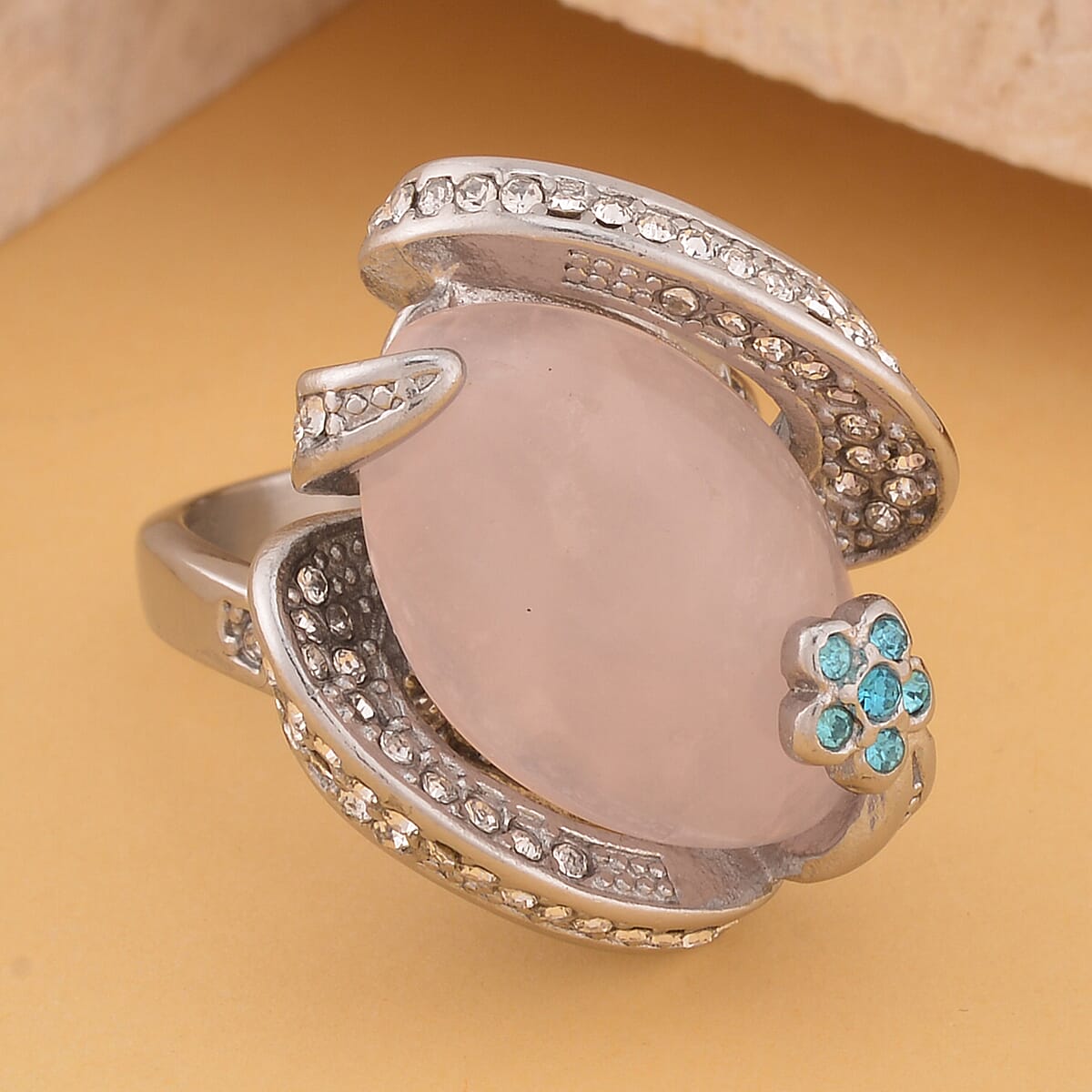 Galilea Rose Quartz, Blue and White Austrian Crystal Ring in Stainless Steel 15.00 ctw image number 1