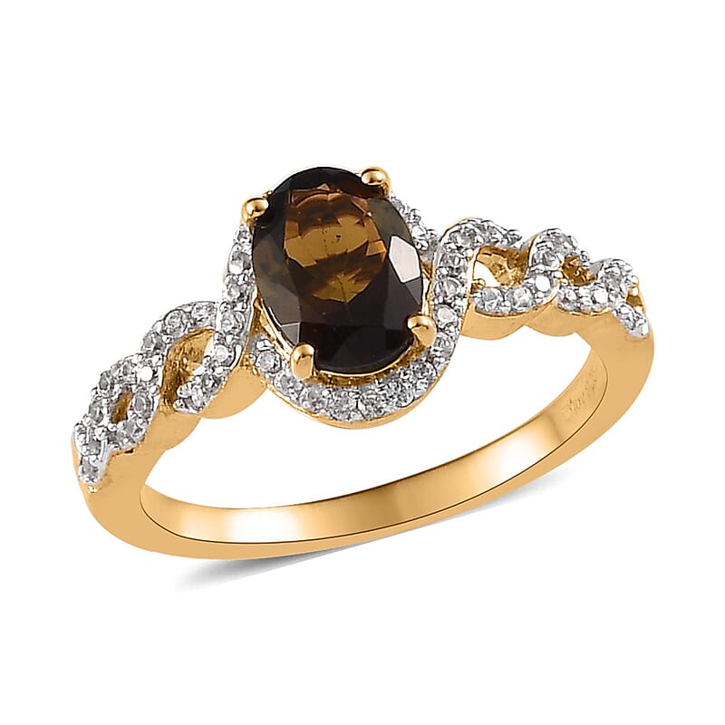 Tanzanian Golden Tourmaline, White Zircon Ring in Vermeil YG Over Sterling Silver (Size 10.0) 1.60 ctw