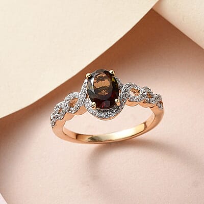 Tanzanian Golden Tourmaline, White Zircon Ring in Vermeil YG Over Sterling Silver (Size 10.0) 1.60 ctw