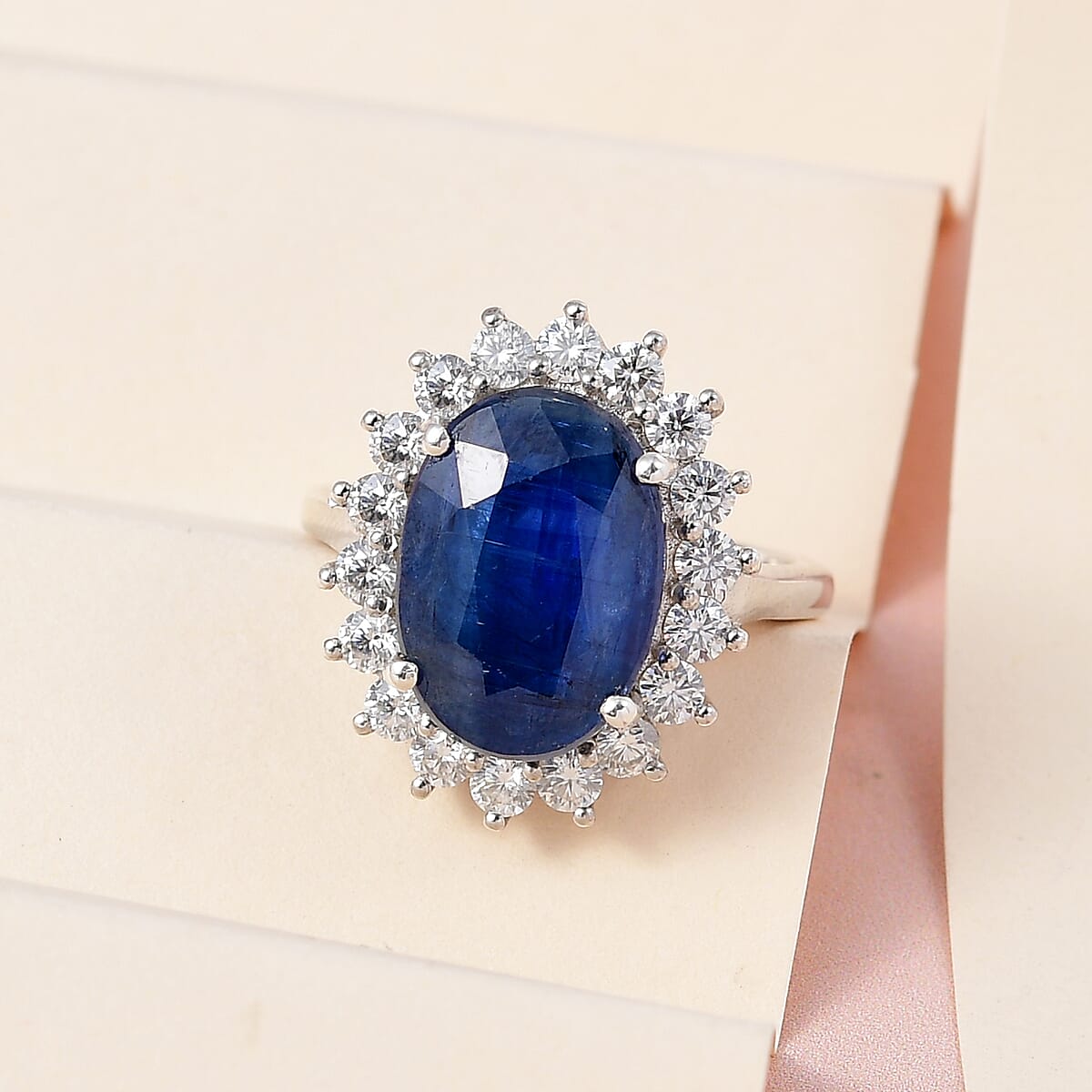 Kashmir Kyanite and Moissanite Sunburst Ring in Platinum Over Sterling Silver 9.60 ctw image number 1