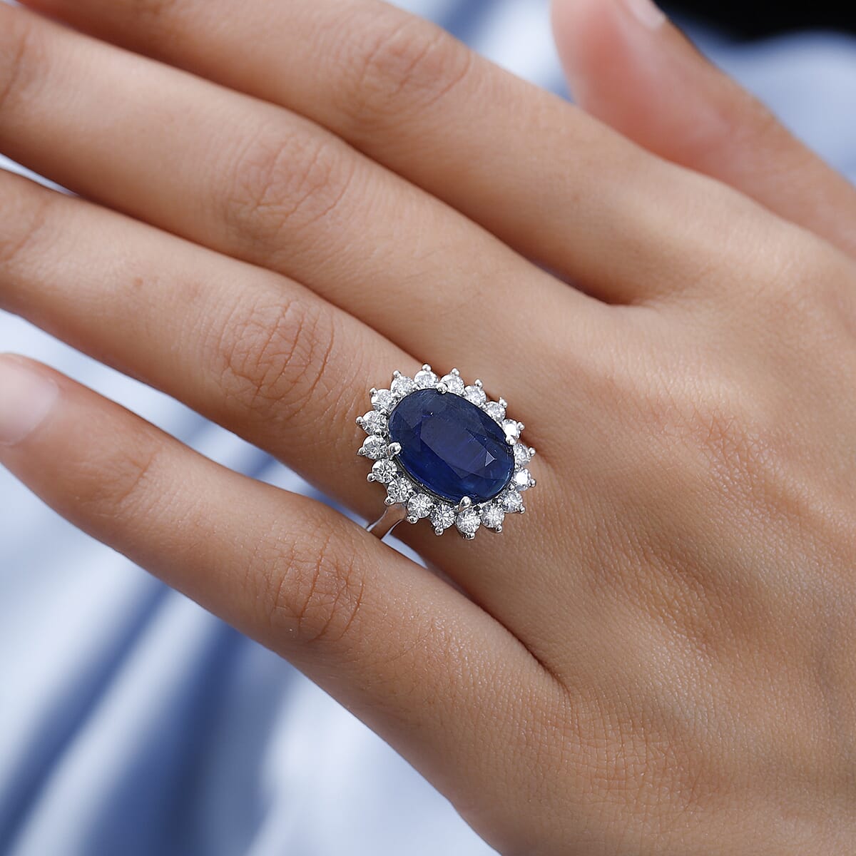 Kashmir Kyanite and Moissanite Sunburst Ring in Platinum Over Sterling Silver 9.60 ctw image number 2