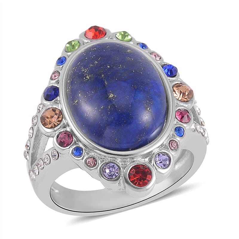 Lapis Lazuli and Multi Color Austrian Crystal Halo Ring in Stainless Steel (Size 10.0) 2.50 ctw