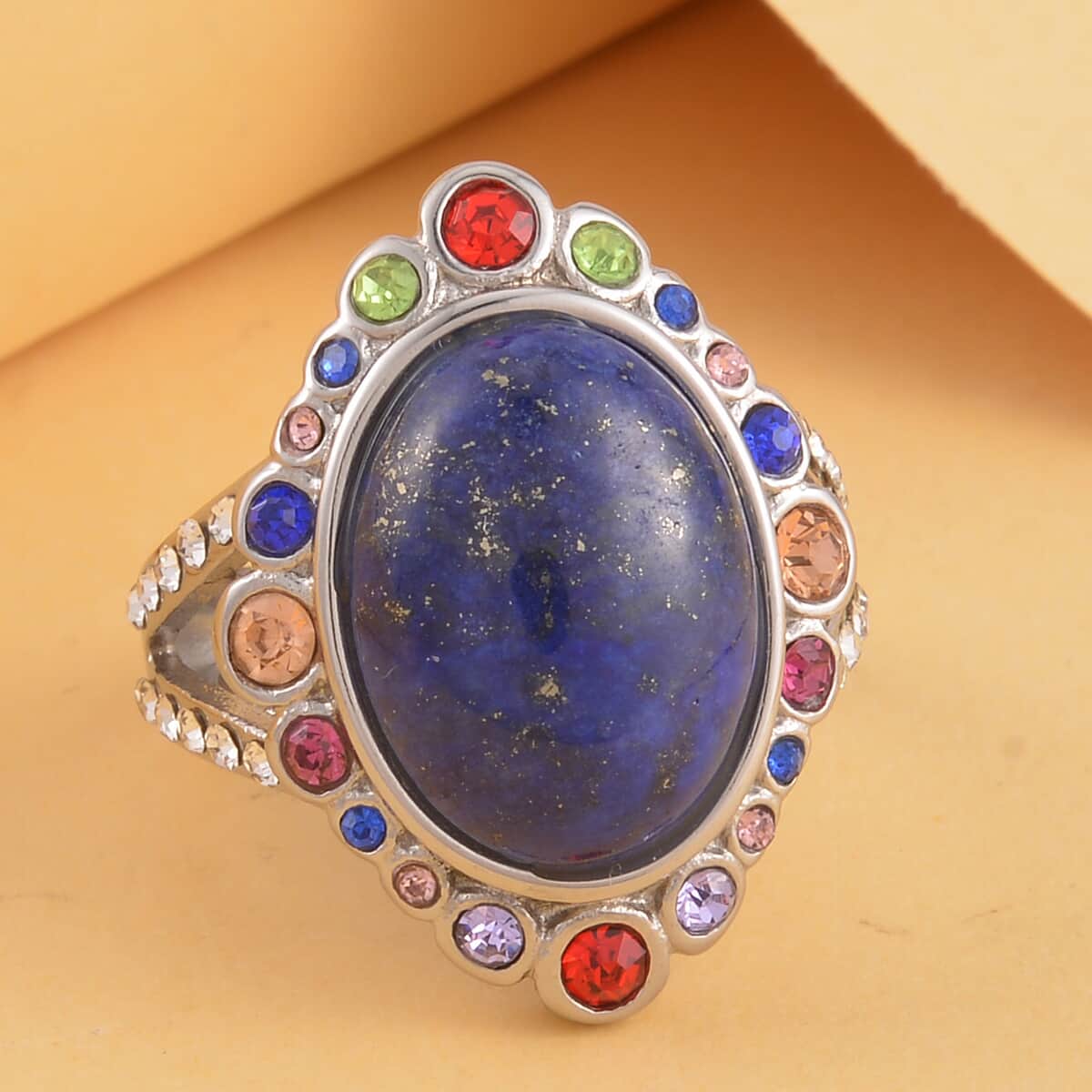 Lapis Lazuli and Multi Color Austrian Crystal Halo Ring in Stainless Steel 2.50 ctw image number 1