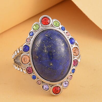 Lapis Lazuli and Multi Color Austrian Crystal Halo Ring in Stainless Steel (Size 10.0) 2.50 ctw