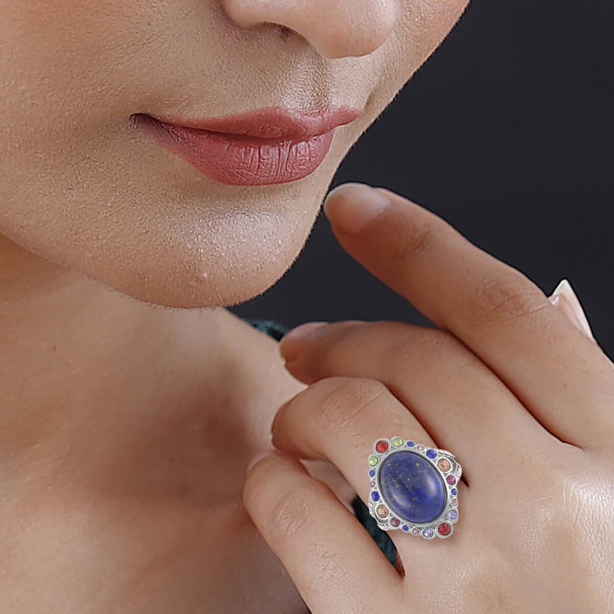 Lapis Lazuli and Multi Color Austrian Crystal Halo Ring in Stainless Steel 2.50 ctw image number 2