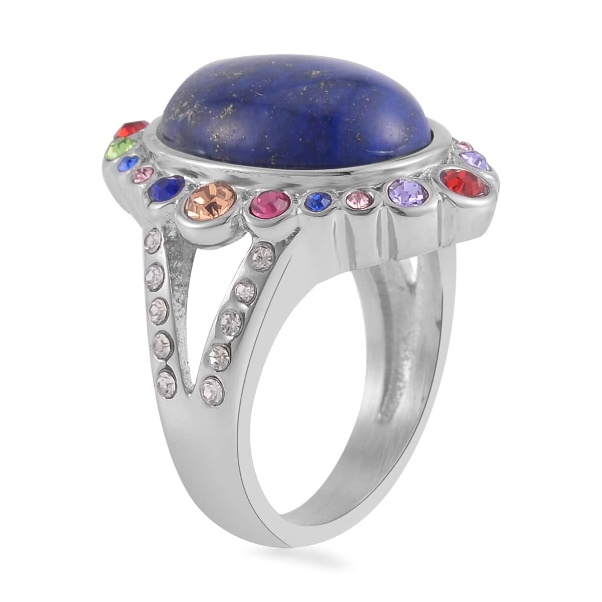 Lapis Lazuli and Multi Color Austrian Crystal Halo Ring in Stainless Steel 2.50 ctw image number 3