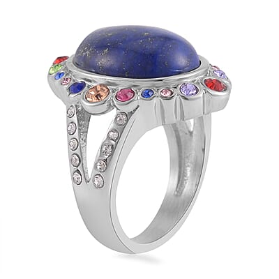Lapis Lazuli and Multi Color Austrian Crystal Halo Ring in Stainless Steel (Size 10.0) 2.50 ctw