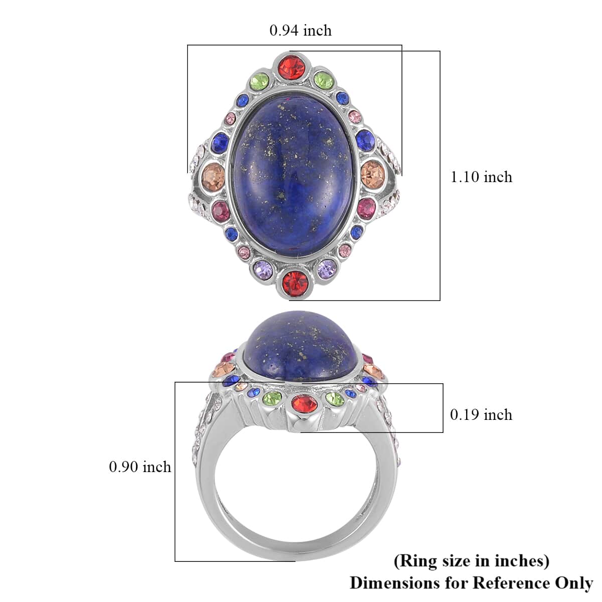 Lapis Lazuli and Multi Color Austrian Crystal Halo Ring in Stainless Steel 2.50 ctw image number 5