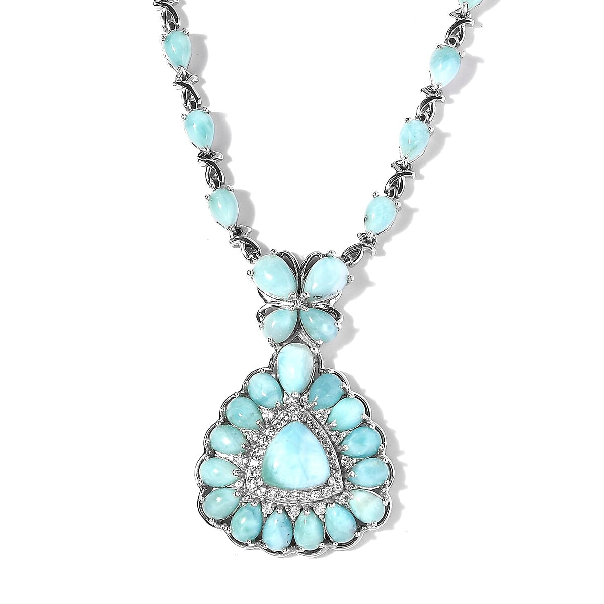Premium Larimar and White Zircon Necklace 18 Inches in Platinum Over Sterling Silver 23.10 ctw image number 0