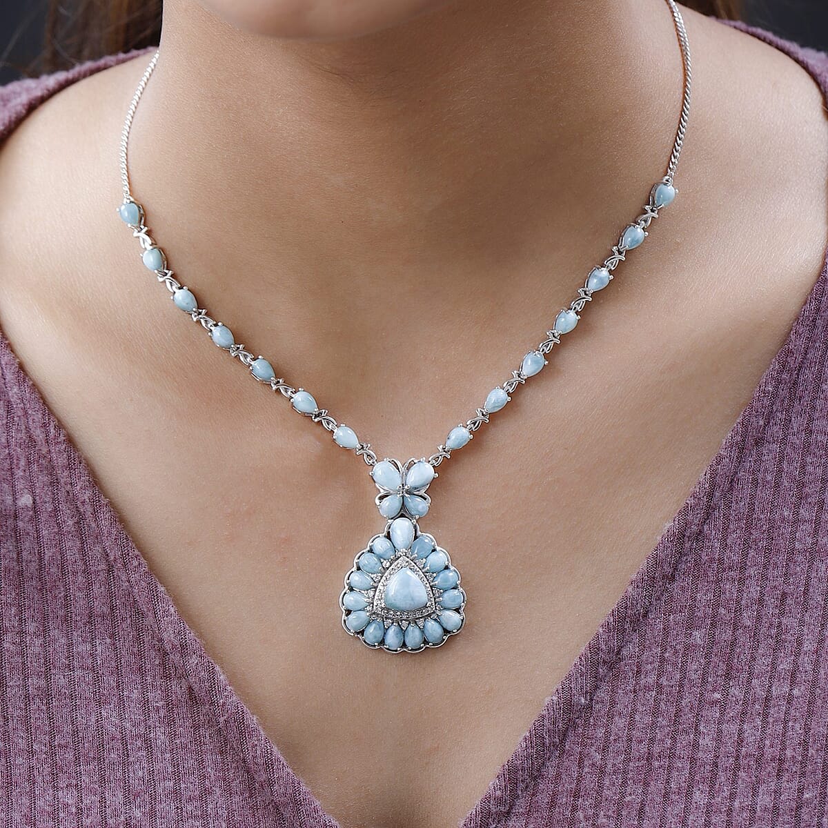 Premium Larimar and White Zircon Necklace 18 Inches in Platinum Over Sterling Silver 23.10 ctw image number 2