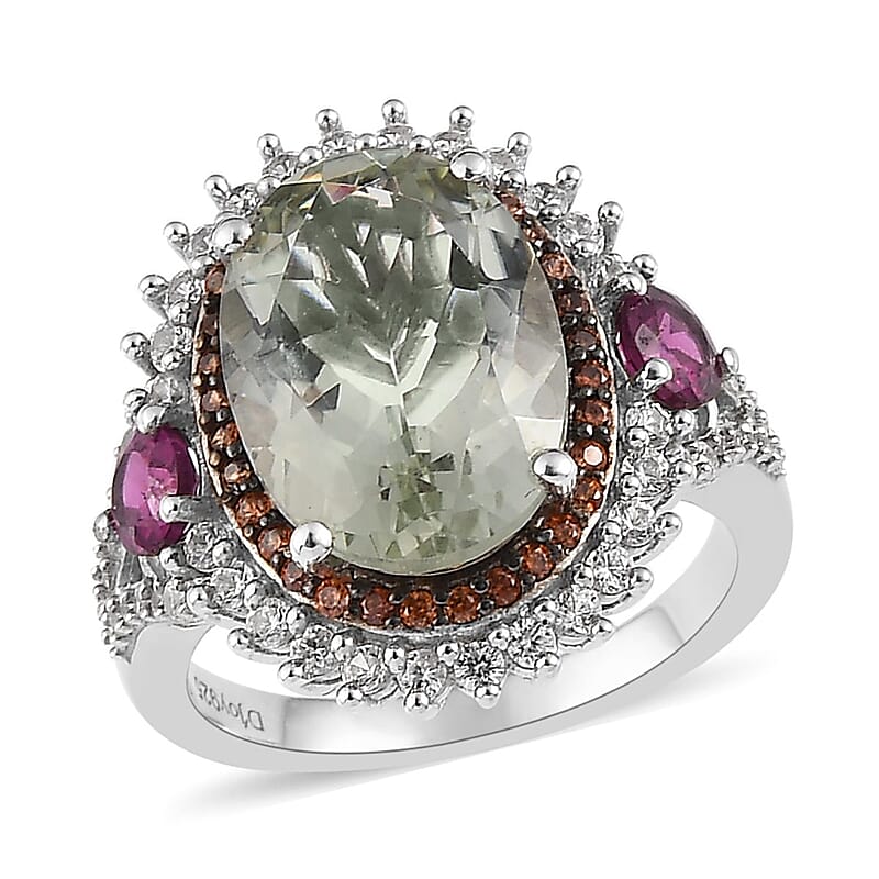 AAA Montezuma Prasiolite and Multi Gemstone Cocktail Ring in Platinum Over Sterling Silver (Size 10.0) 7.15 ctw