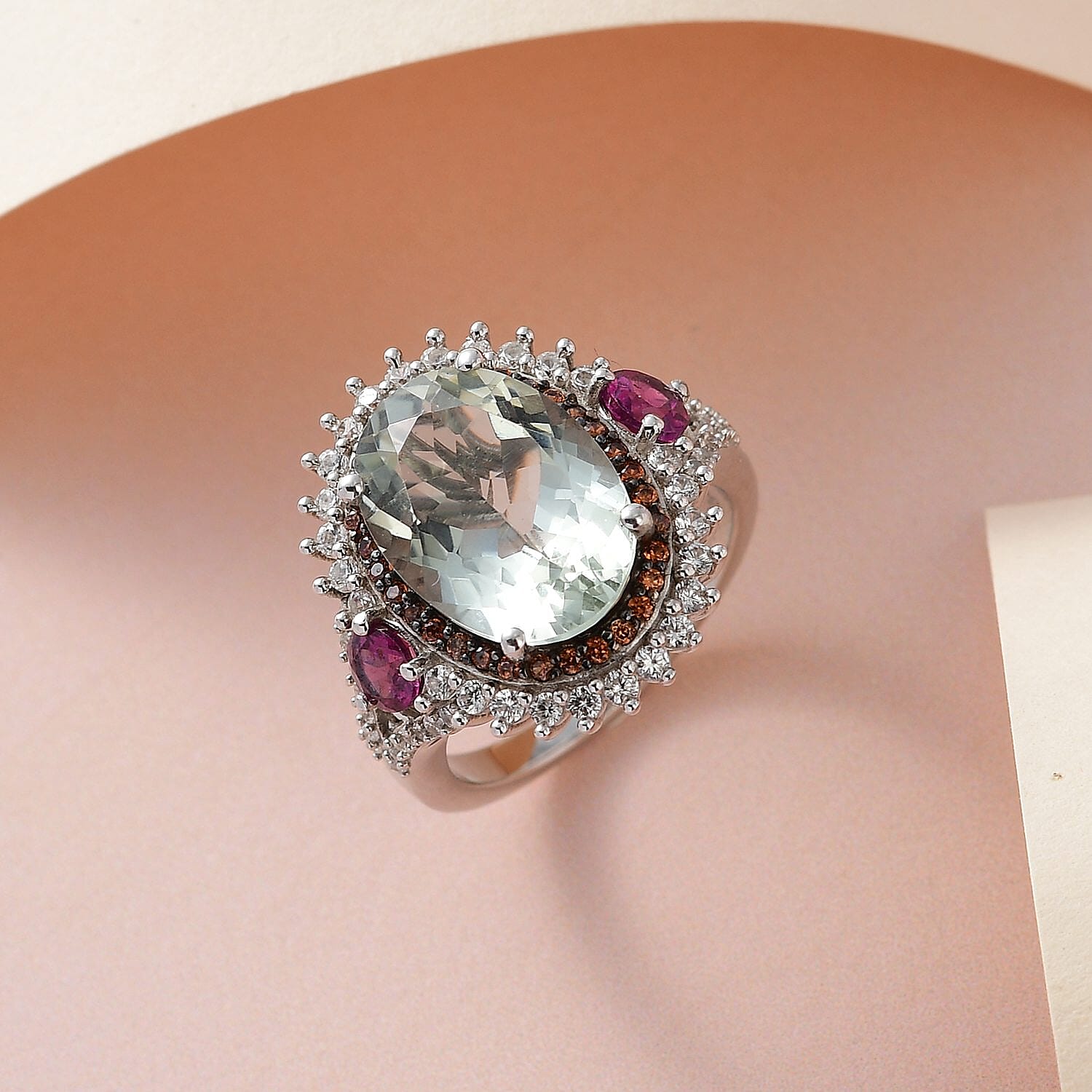 AAA Montezuma Prasiolite and Multi Gemstone Cocktail Ring in Platinum Over Sterling Silver (Size 10.0) 7.15 ctw