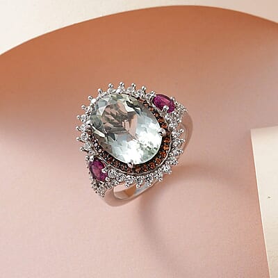 AAA Montezuma Prasiolite and Multi Gemstone Cocktail Ring in Platinum Over Sterling Silver (Size 10.0) 7.15 ctw