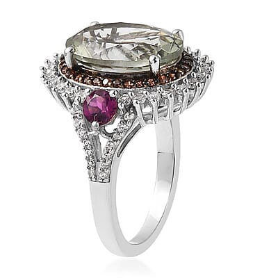 AAA Montezuma Prasiolite and Multi Gemstone Cocktail Ring in Platinum Over Sterling Silver (Size 10.0) 7.15 ctw