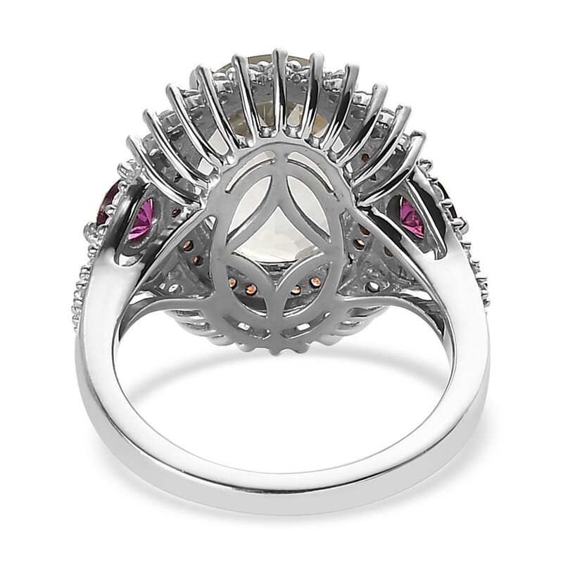AAA Montezuma Prasiolite and Multi Gemstone Cocktail Ring in Platinum Over Sterling Silver (Size 10.0) 7.15 ctw