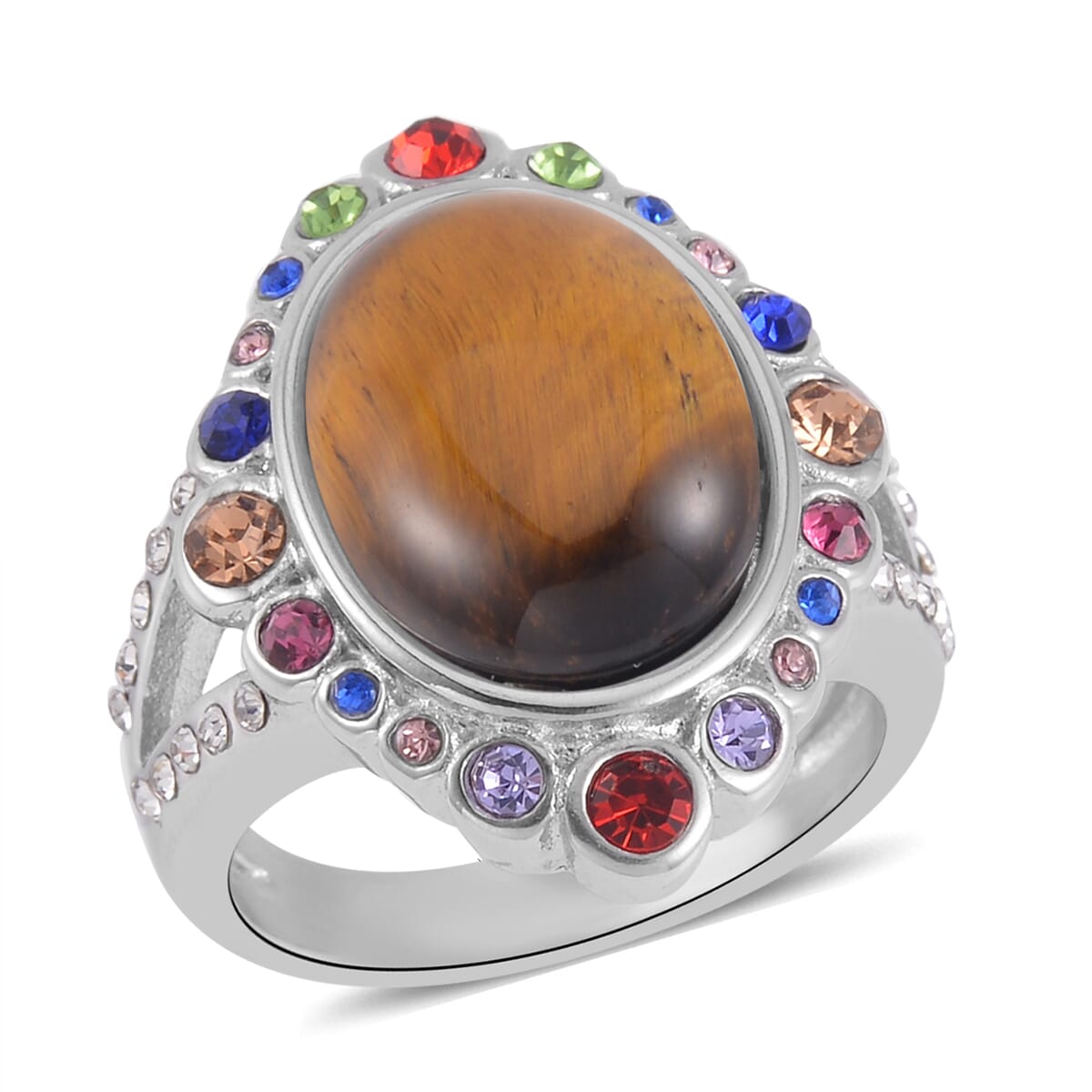 Tiger's Eye and Multi Color Austrian Crystal Halo Ring in Stainless Steel (Size 8.0) 2.50 ctw image number 0