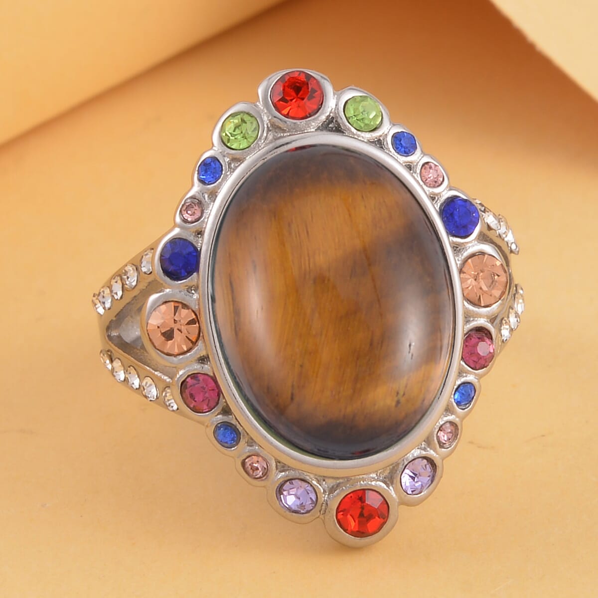 Tiger's Eye and Multi Color Austrian Crystal Halo Ring in Stainless Steel (Size 8.0) 2.50 ctw image number 1