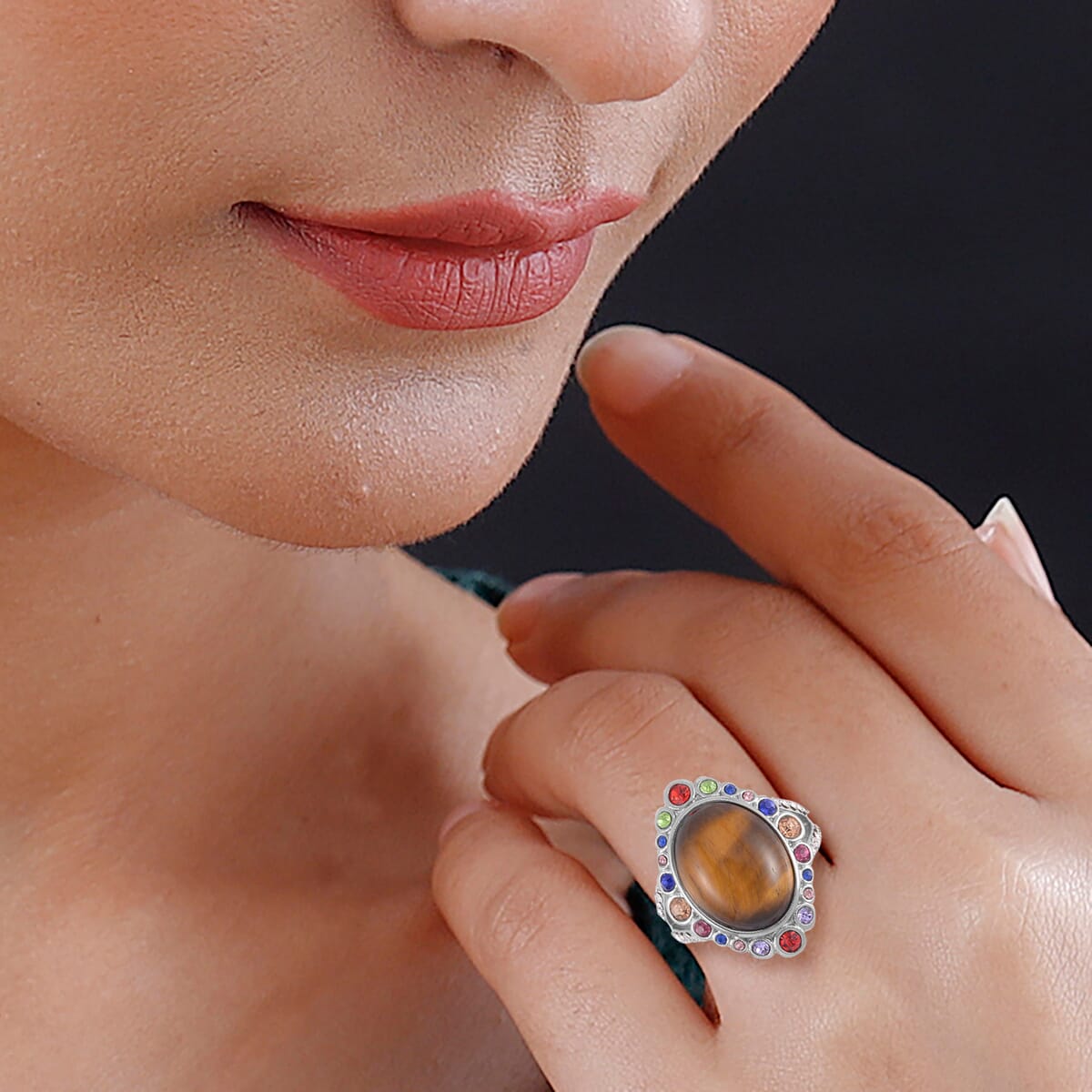 Tiger's Eye and Multi Color Austrian Crystal Halo Ring in Stainless Steel (Size 8.0) 2.50 ctw image number 2