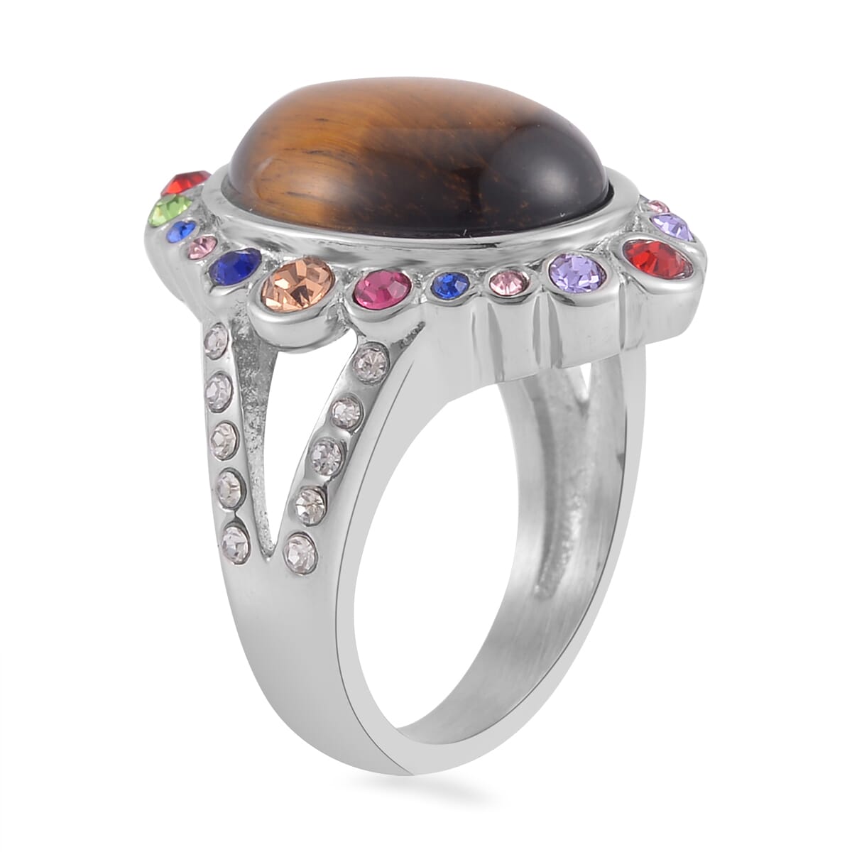 Tiger's Eye and Multi Color Austrian Crystal Halo Ring in Stainless Steel (Size 8.0) 2.50 ctw image number 3