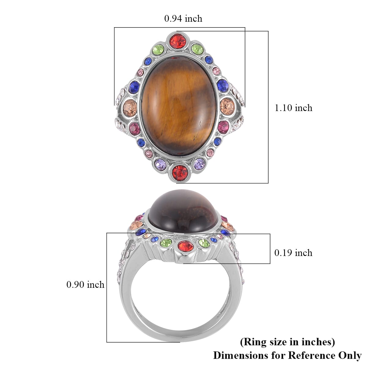 Tiger's Eye and Multi Color Austrian Crystal Halo Ring in Stainless Steel (Size 8.0) 2.50 ctw image number 5