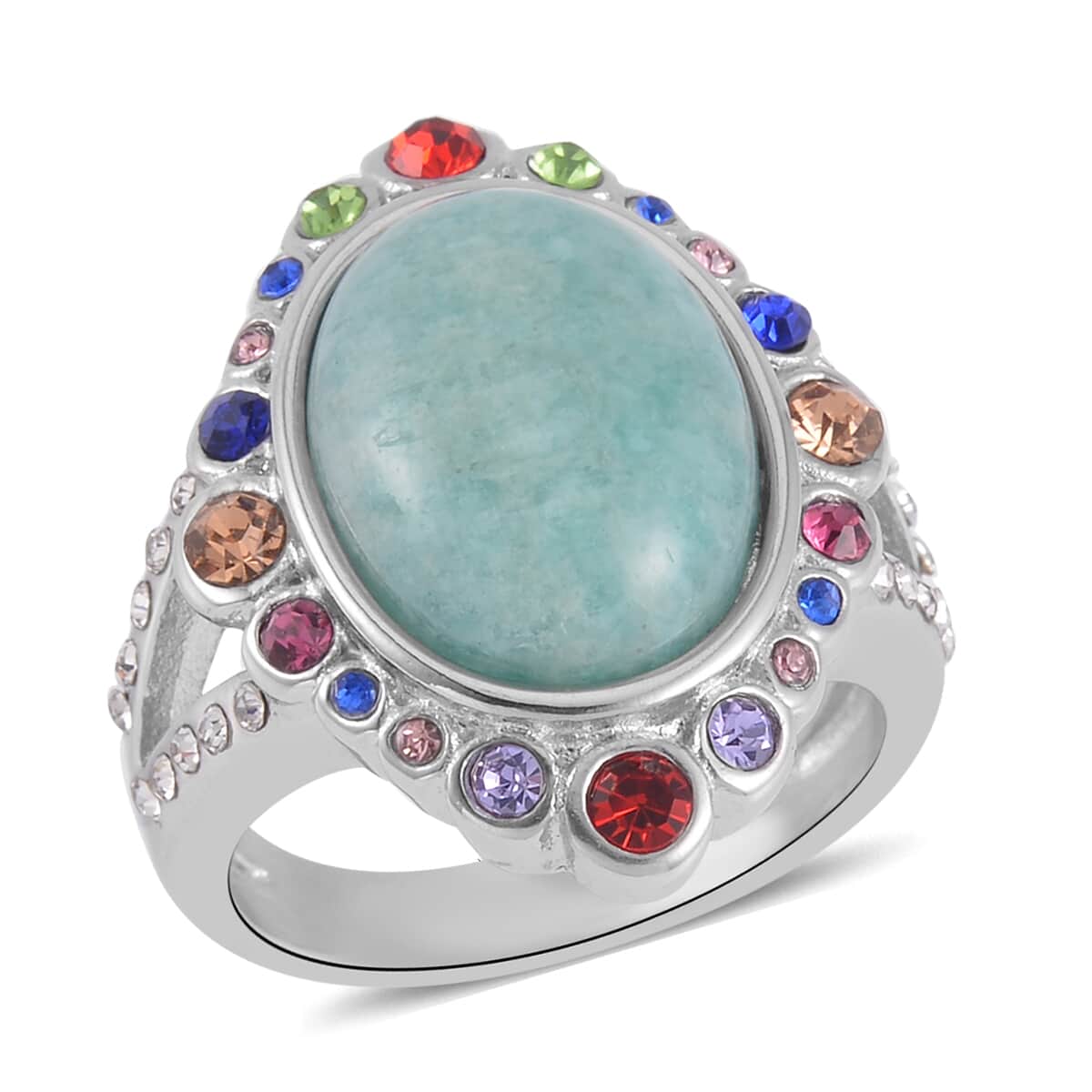 Amazonite and Multi Color Austrian Crystal Halo Ring in Stainless Steel (Size 8.0) 2.50 ctw image number 0