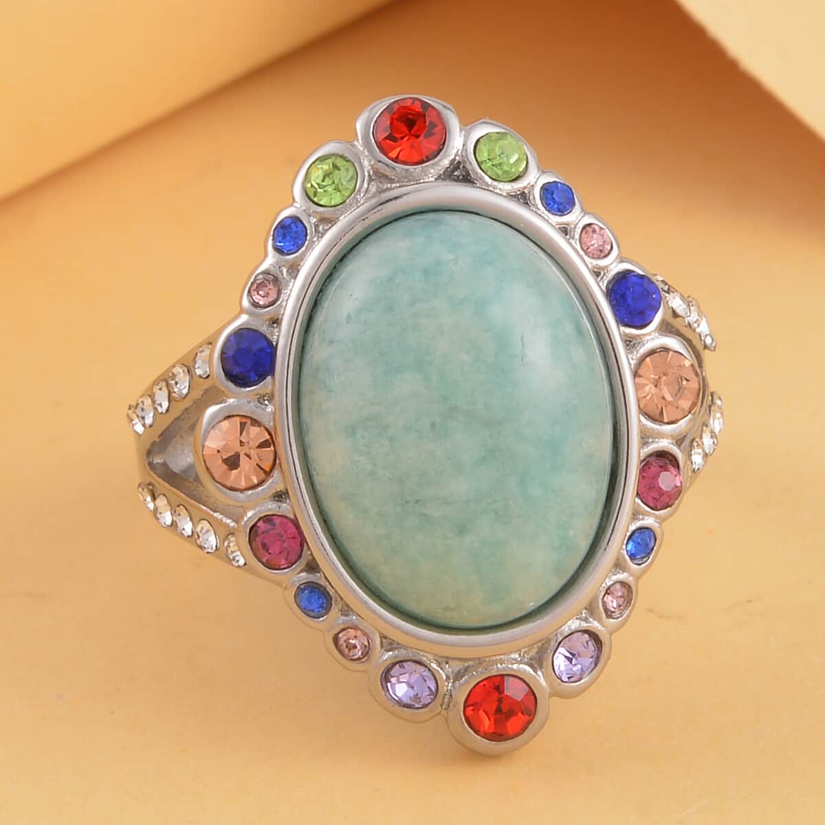 Amazonite and Multi Color Austrian Crystal Halo Ring in Stainless Steel (Size 8.0) 2.50 ctw image number 1