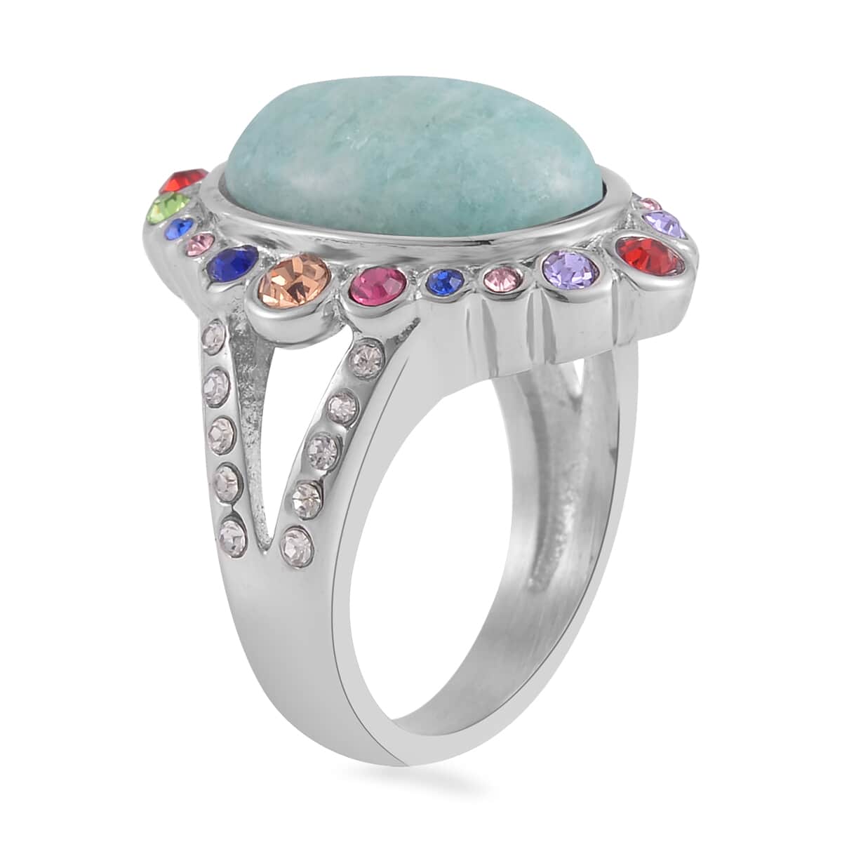 Amazonite and Multi Color Austrian Crystal Halo Ring in Stainless Steel (Size 8.0) 2.50 ctw image number 3