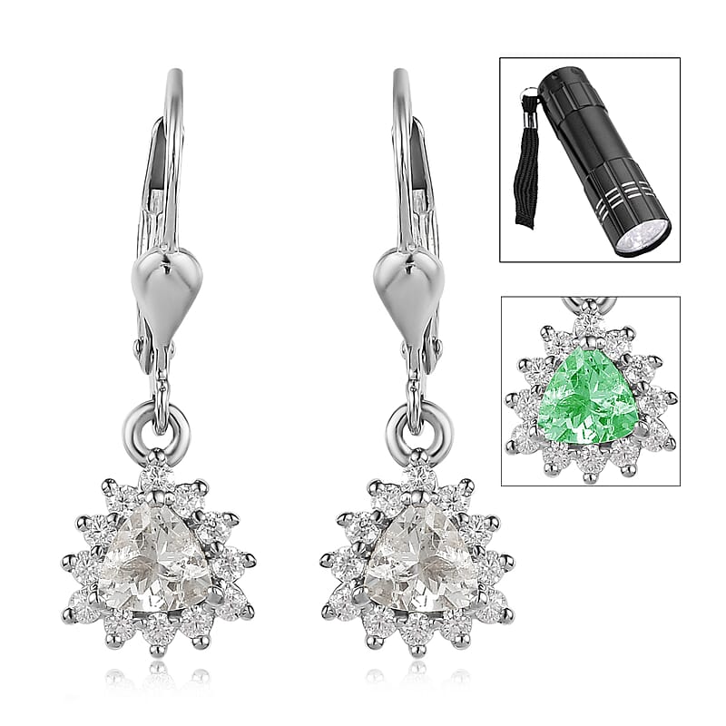 Mexican Hyalite Opal and Moissanite Lever Back Earrings in Platinum Over Sterling Silver with Free UV Flash Light 1.00 ctw