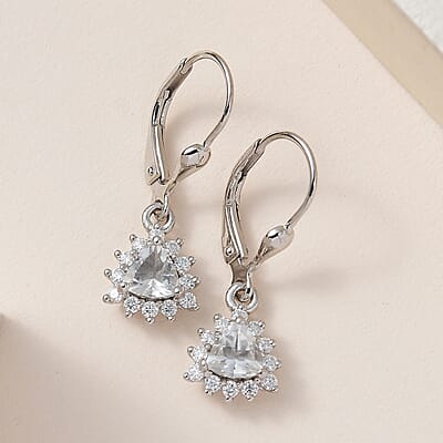 Mexican Hyalite Opal and Moissanite Lever Back Earrings in Platinum Over Sterling Silver with Free UV Flash Light 1.00 ctw