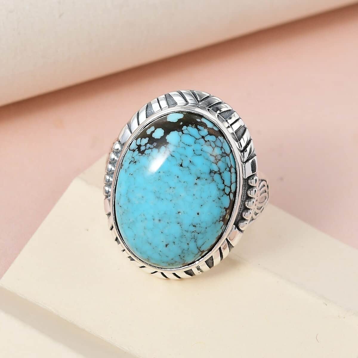Artisan Crafted American Natural Blue Moon Turquoise Solitaire Ring in Sterling Silver (Size 10.0) (7.40 g) 15.15 ctw image number 1