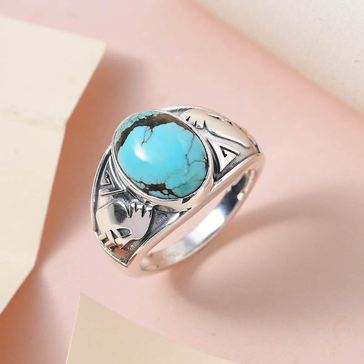 Artisan Crafted American Natural Blue Moon Turquoise Kokopelli Men's Ring in Sterling Silver (Size 10.0) 5.00 ctw image number 1