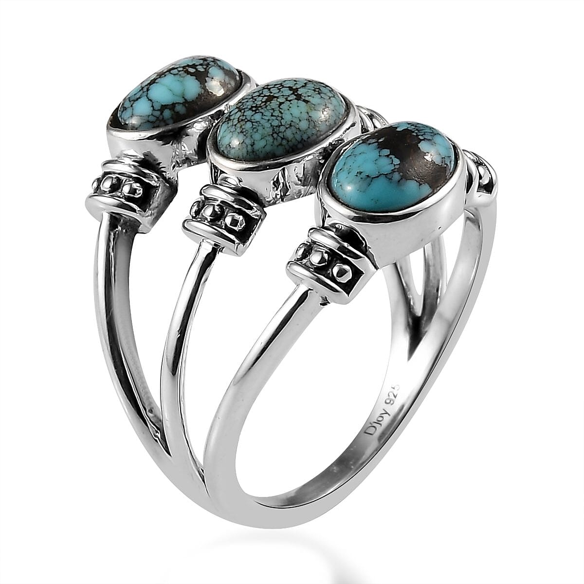 Artisan Crafted American Natural Blue Moon Turquoise 3 Stone Ring in Sterling Silver (Size 10.0) 3.50 ctw image number 3
